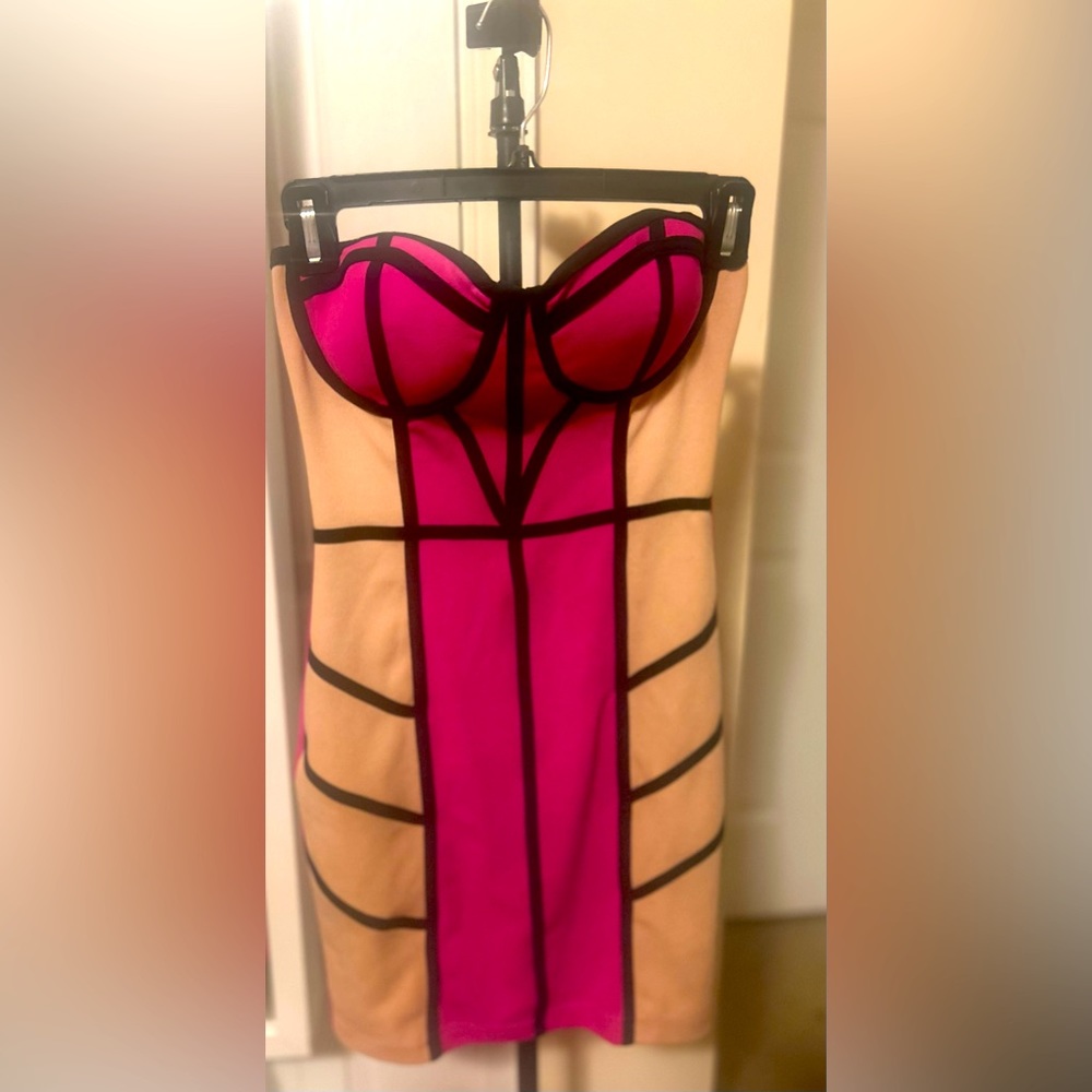 Privy Hot Pink Multi- Color Strapless Dress Small